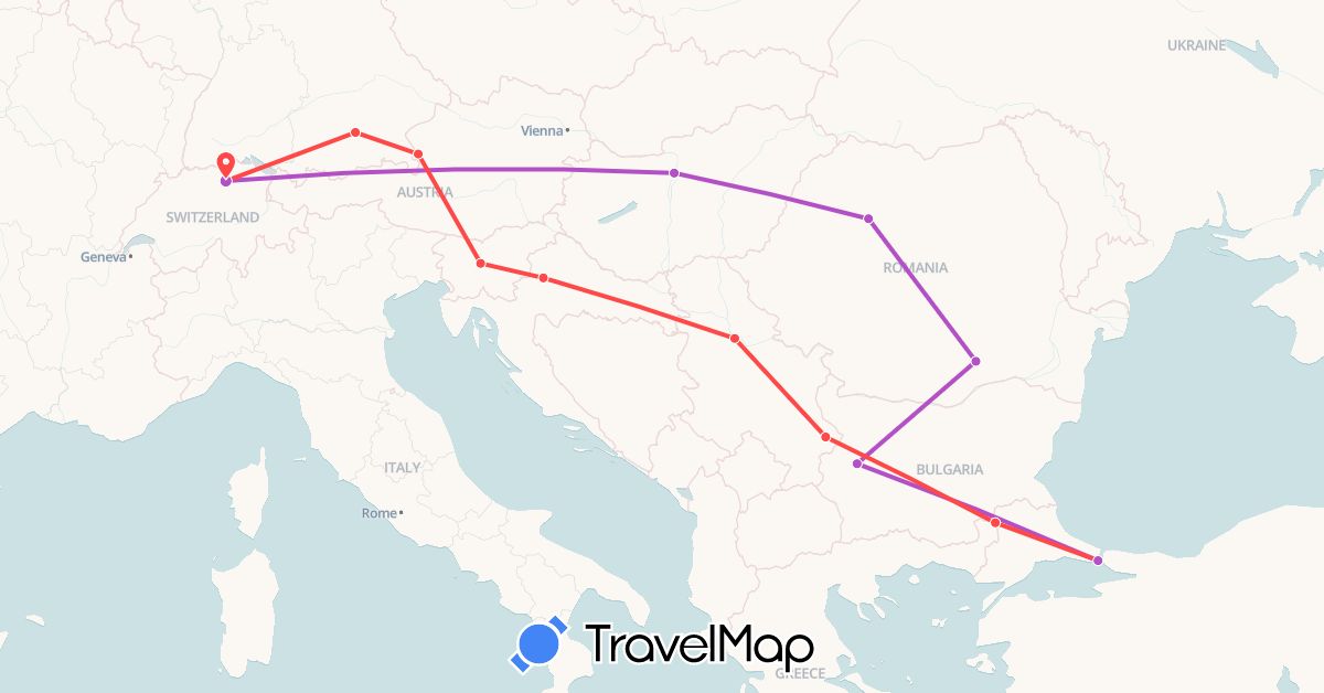 TravelMap itinerary: driving, train, hiking in Austria, Bulgaria, Switzerland, Germany, Croatia, Hungary, Romania, Serbia, Slovenia, Turkey (Asia, Europe)